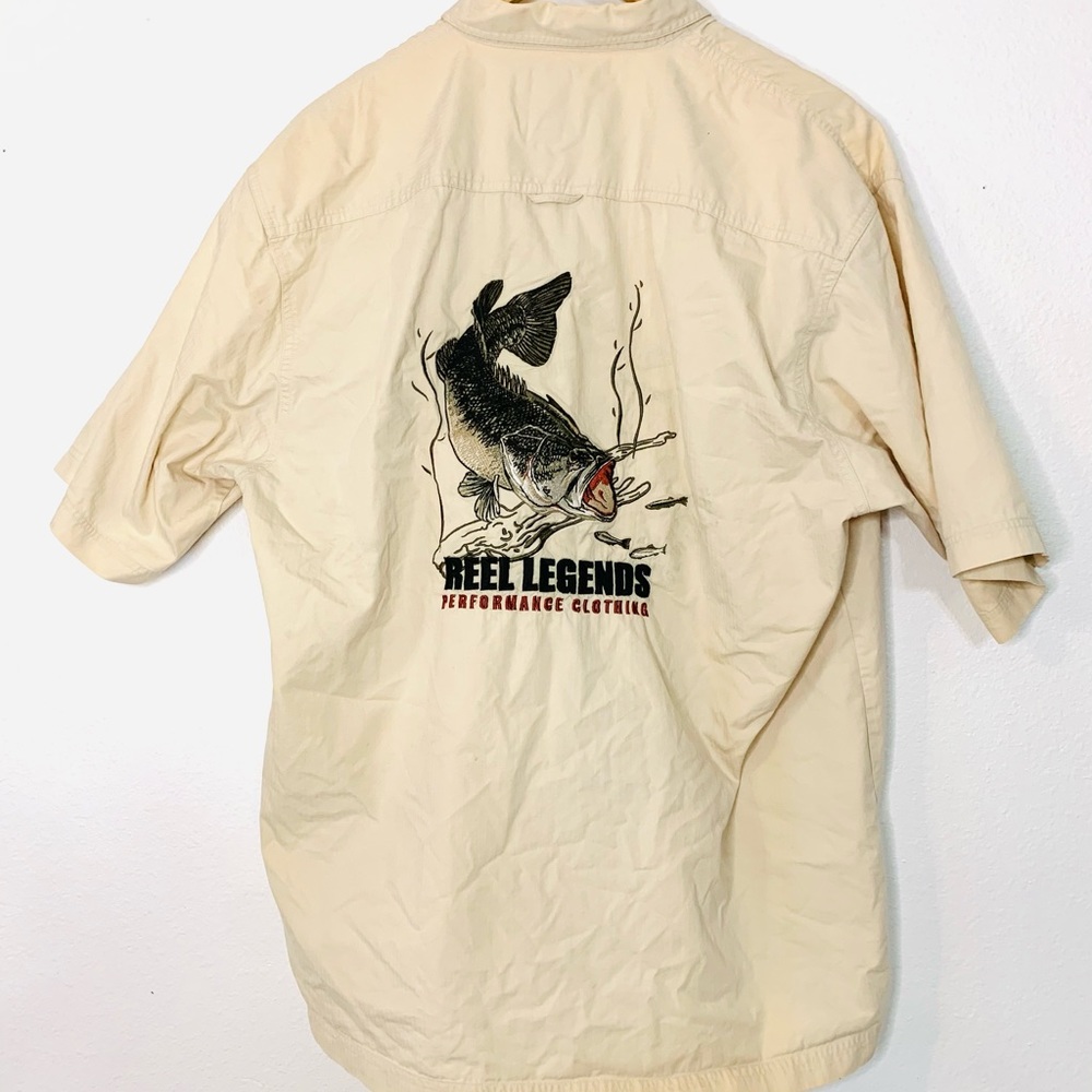 Reel Legends Mens Embroidery Bass Performance Fishing  Button Down Shirt Large L